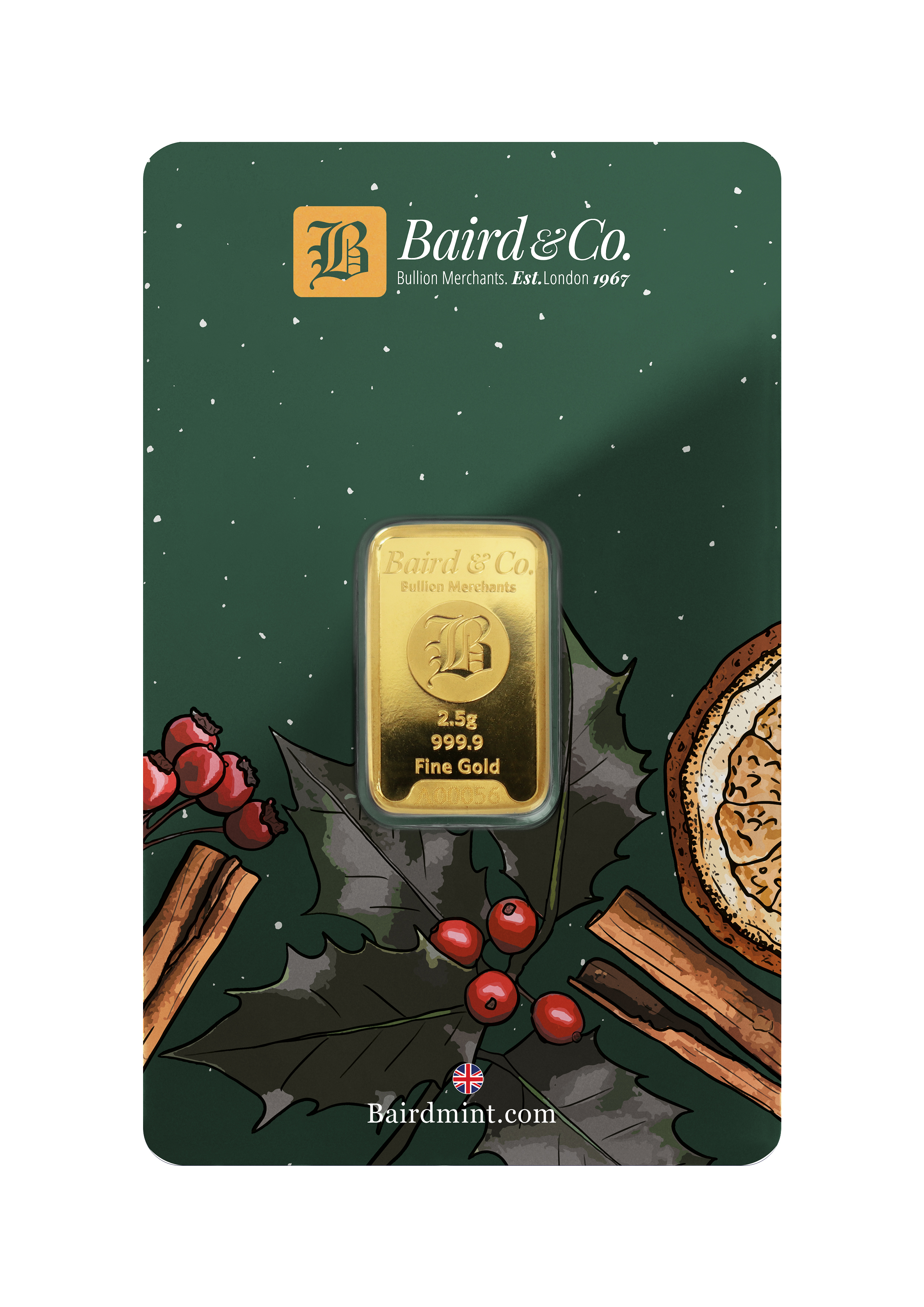 Baird & Co 2.5g Gold Minted Bar Christmas Packaging